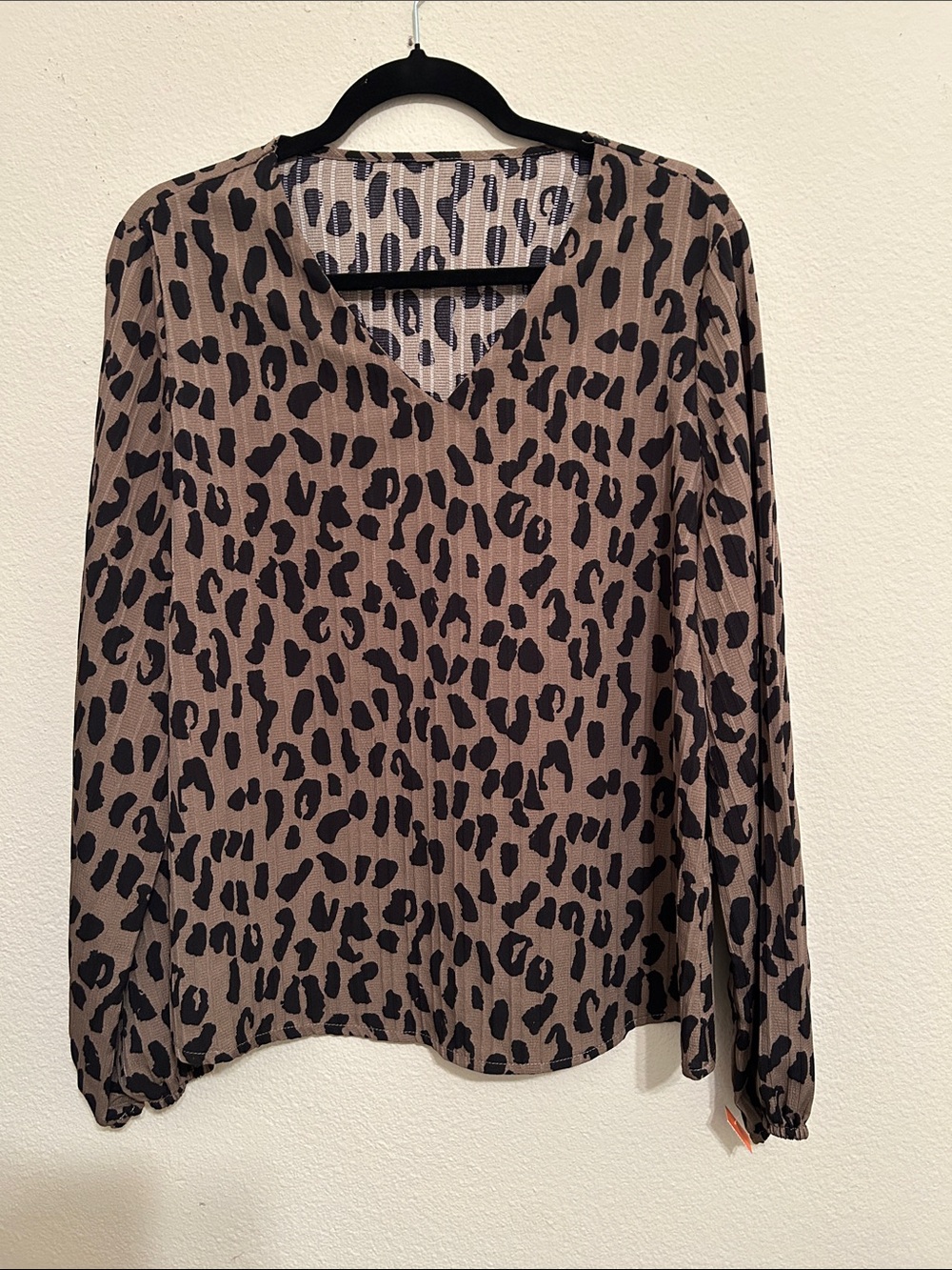 Leopard Print V-Neck Long-Sleeve Blouse - Taupe and Black